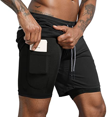 Leidowei Men's 2 in 1 Workout Running Shorts Lightweight Training Yoga Gym 7 Short with Zipper Pockets Black L