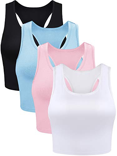 4 Stück Basic Crop Tank Tops Ärmelloses Racerback Crop Sport Baumwolle Top für Damen (Schwarz, Weiß, Blau, Rosa, S)