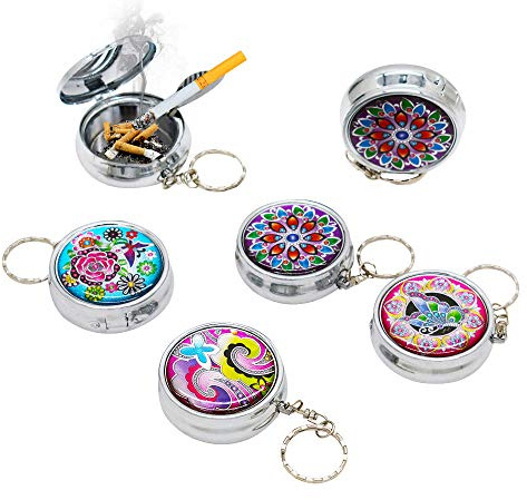 LZYMSZ 6Packs Portable Pocket Ashtray, Stainless Steel Circular Ashtray, Key Chain with Cigarette Snuffer, Modern Ash Holder for Outdoor Use