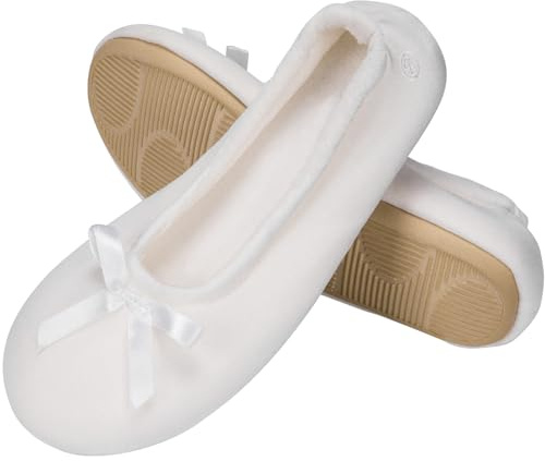 EverFoams Women's Satin Memory Foam Ballerina Slippers Cute House Shoes with Indoor Rubber Sole (Size 9-10 M US, White)