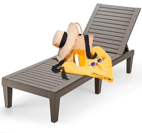 GYMAX Tumbona de Jardín con Respaldo Ajustable de 5 Posiciones, de Plástico, Soporta hasta 180 kg, con 6 Patas de Apoyo, Resistente a la Intemperie, para Jardín, Terraza, Balcón, Playa (Marrón)