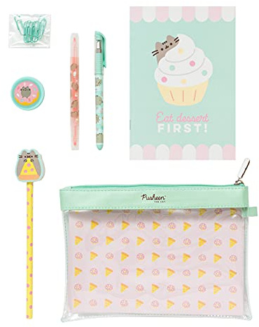 Grupo Erik - Set de Papeterie Pusheen Foodie Collection | Inclut : 1 Stylo Gel, 1 Surligneur, 1 Crayon de Papier, 1 Carnet A5, 1 Taille-Crayon, 8 Trombones, Trousse | Fournitures Scolaires Kawaii