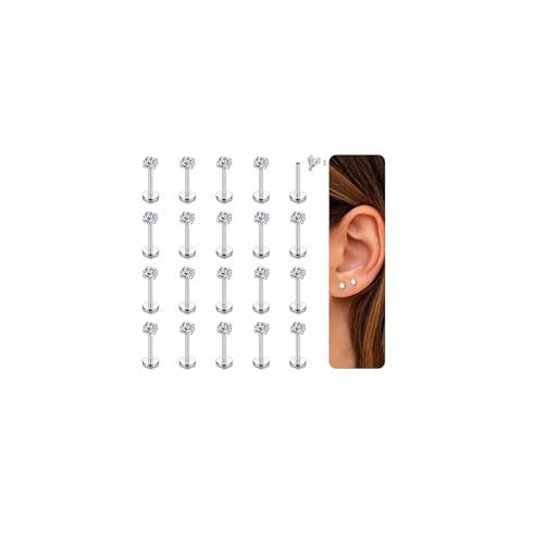 CASSIECA 20 Stück, 16 g, hypoallergen, Edelstahl, Lippenstecker, Labret-Piercing, mit 3 mm CZ, Knorpel, Tragus, Helix, Monroe, Piercing, Schmuck, 6 mm, 8 mm, 10 mm, Edelstahl