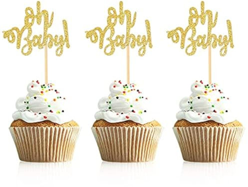 Unimall Global 24 Stück Oh Baby Cupcake Toppers für Geburtstag Babyparty Baby Shower Kuchen deko Party Dekorationen Kuchendekoration Tortenfigur Tortendeko Kuchenaufsätze, Gold