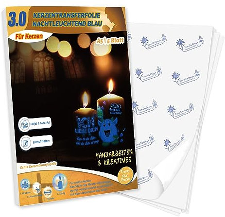 TransOurDream Wasserschiebefolie für Kerzen(Nachtleuchtend Blau) Laser/Inkjet Kerzentransferfolie,Kerzensticker Kerzentattoos Tattoofolie Transferfolie,Kerzendekopapier,A5X5 Sets (D-12-3.0-A5)