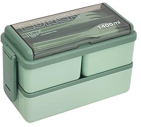 IGTOPS Brotdose Kinder,Bento Box für Erwachsene,2 Schicht Leckdosen Lunchbox mit 2 Fächern 1400ML Tragbarer Warmhaltebehälter mit Isoliertem Beutel, Suppenschachtel und Besteck für Schule (Grüner)