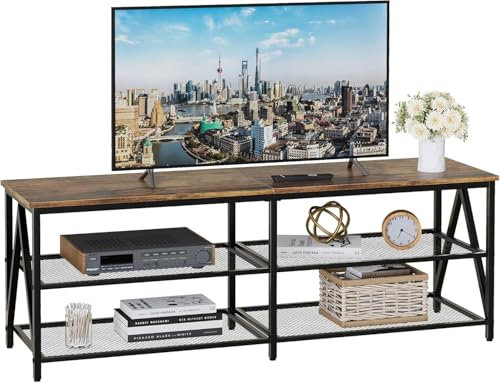 TV-Schrank, Fernsehtisch, Lowboard für Fernseher bis zu 65 Zoll, Fernsehschrank mit 3 offenen Fächern, TV-Regal für Wohnzimmer Schlafzimmer, 140 x 40 x 50 cm, Industrie Design, Stahlgestell, Braun