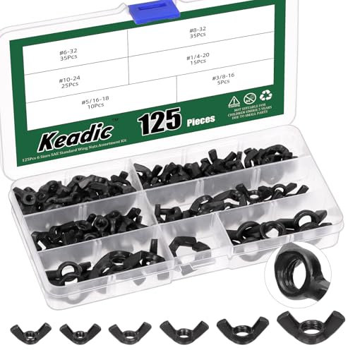 Keadic 125Pcs SAE Flügelmuttern Sortiment Kit, 3/8 5/16 1/4 #10#8#6 Stahl Verzinkt Flügelmuttern Verschlüsse, Hand Twist Tighten Ohr Flügelmuttern Schmetterlingsmutter Haus Bauindustrie