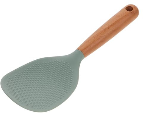 Cabilock Silicone Rice Paddle with Wooden Handle,Non Stick Standing Rice Spoon Scooper Spatula Japanese Rice Cooking Scoop Spatula Heat Resistant Rice Cooker Spoon Green