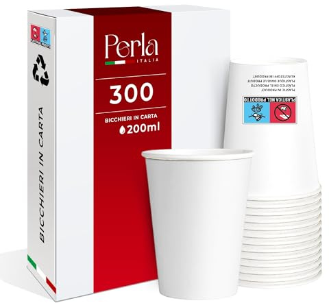Perla - 300 Bicchieri Monouso di Carta da 200 ml - Bicchiere Biodegradabile Ecologico Bianco - Adatto per Bevande Fredde e Calde - Bicchieri per Acqua usa e getta