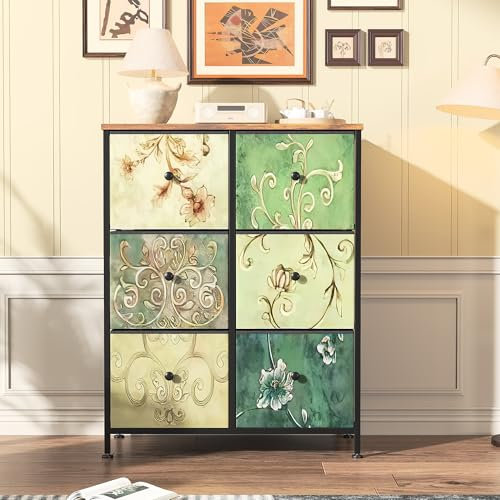 USROCAS Kommode aus Stoff mit 6 Schubladen, Organizer mit Stahlgestell, Schlafzimmerkommode, Kommode für Wohnzimmer, Flur, Schlafzimmer, 68 x 30 x 87 cm (Retro-Muster)