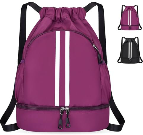 Yomaido Sporttasche,Turnbeutel Große Kapazität,Sportrucksack Wasserdichter Verstellbarer,Kordelzug Rucksack mit Mehreren Fächern,für Herren Damen Kinder Jungen(Lila)