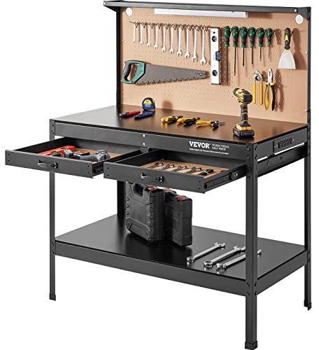 VEVOR Banco da lavoro A3 per garage max. 1500 W, banco ad alte prestazioni, 100 kg, tavolo in legno duro da 1,5 m, cavo 4 prese AC, 2 connettori USB, 30 ganci