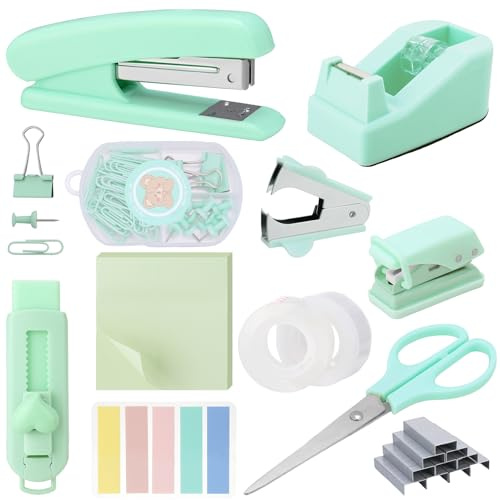 Candcamp Desk Accessories Set, Office Supplies Set with Stapler, Staple Remover, Staples, Tape Dispenser, Clips Set, Tape, Sticky Notes, Scissor, Hole Punch, for Students, Office Clerks ?Teal?