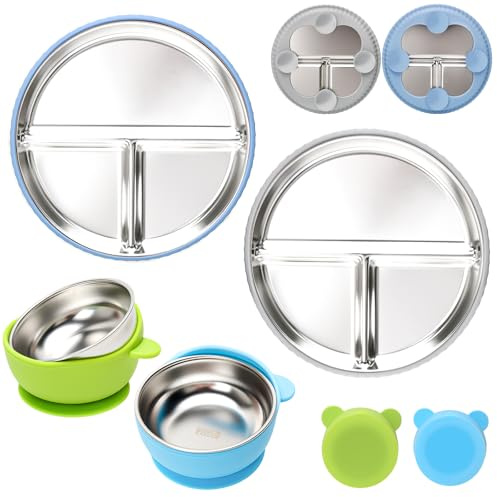 CLDY - Juego de 4 platos y tazones de acero inoxidable para bebés - Base de silicona 100% con ventosa - Platos de destete para niños pequeños - Platos divisores irrompibles - Sin BPA