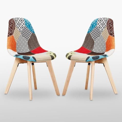 P&N Homewares Patchwork Dining Chair - Mid-Century Modern Fabric Chairs with Wooden Legs, Foam Cushioning & Ergonomic Shell - Armless Accent Chair for Dining Room, Office, Caffe or Living Space