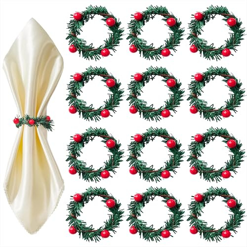 Portatovaglioli di Natale Anelli per Tovaglioli con Bacche Rosse Christmas Napkin Rings Holder per Feste di Natale Capodanno Decorazione da Tavola 12 Pezzi