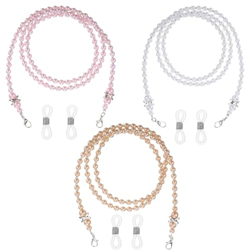 TIESOME 3 Pcs Chain for Glasses Women, Beaded Eyeglass Chains for Women, Pearl Acrylic Sunglasses Neck Cord, Eyewear Strap Retainer Around Neck (White, Pink, Champagne)