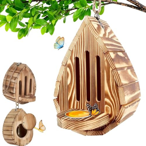 Butterfly House for Garden Decoration, Wooden Butterfly Houses and Feeder with Puddler, Hanging Outdoor Habitat Shelter for Wild Insects (1pc)