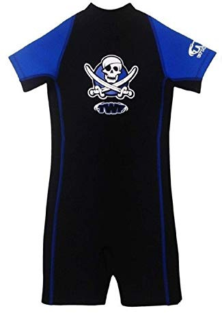TWF Kids Shorty Wetsuit Short Sleeve Childrens Boys Girls UV Swim Suit Weather Protection Wet Suit (Blue Pirate Wetsuit, UK 7-8 Years)