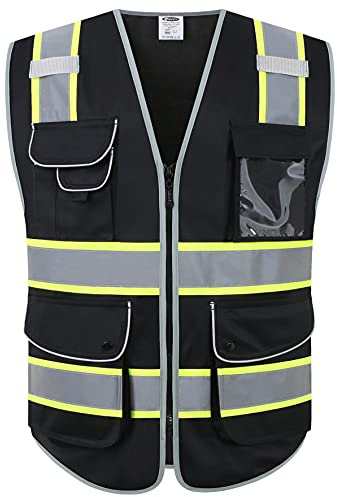 JKSafety 9 Pockets Hi-Vis Black Color Zipper Front Safety Vest Fluorescent Yellow Strips outlining the Reflective Tapes ANSI/ISEA Class 1 (901-Black, X-Large)