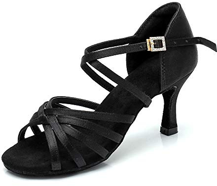 RoseMoli Women's Latin Dance Shoes Satin Professional Ballroom Salsa Practice Performance Dance Shoes Black-2.8