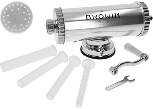 Browin 311009 Riempitore manuale orizzontale con pistone in silicone, 1,5 kg, acciaio inossidabile, 4 imbuti