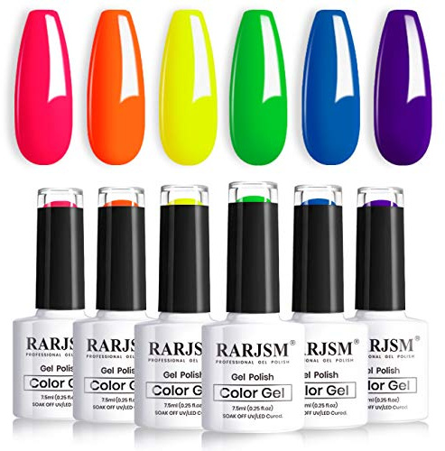 RARJSM Neon Orange Gel Polishes,Gel Nail Polish Kit,Neon GelVarnish 6 Colours Yellow Blue Green Red Purple Gelpolish Set Party Club Favor Soak Off UV LED Lamp Curing,7.5ml Each Bottle