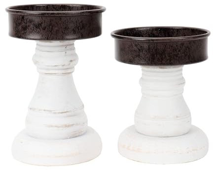 GenMous&Co. Decorative Candle Holders Pedestal Rustic Wood for Pillar Candle Farmhouse Candlestick Holder Galvanized Plate for Mantel, Dining Table, Centerpiece,Coffee Bar,Set of 2(White