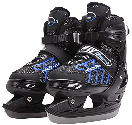 JGMLZK Ice Skates,Boys Hockey Skates,Skates with Adjustable 4 Sizes for Boys Girls Youth Men Women and Beginners (Black Blue, L (4-7) Kid's/(6-8) Women's/(5-7) Men's)