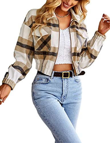 Lingjiazi Womens Cropped Flannel Plaid Shacket Zip Up Shirts Jackets with Pockets(0126-Yellow-S)
