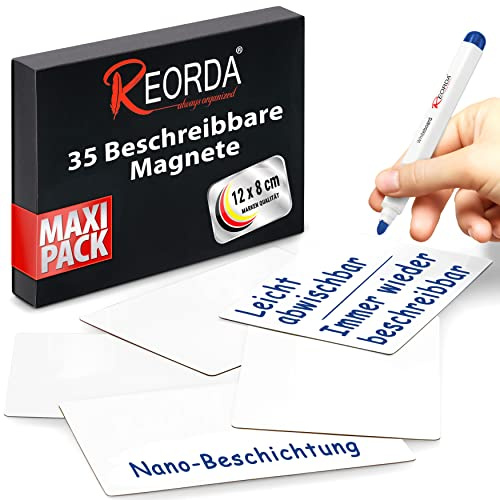Reorda® Magnetstreifen beschreibbar - 35 Stück wiederbeschreibbar – 12 x 8 cm Weiß | Beschreibbare Magnete für Whiteboard, Kanban, Magnettafel | Beschriftbare Magnete für den Kühlschrank