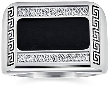 Bling Jewelry Personalisieren Geometrisches Pflaster CZ Akzent Kubisch Zirkonia Herren Rechteck Signet Statement Griechischer Schlüssel Design Band Ring Für Männer Schwarz Emaille Edelstahl