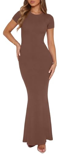 REORIA Women's Summer Sexy Casual Lounge Long Dress Elegant Wedding Guest Short Sleeve Crew Neck Bodycon Maxi Dresses Coffee S