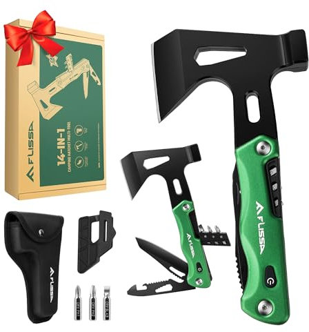 FLISSA 14 in 1 Multitool, Camping Zubehör, Camping Gadgets, Kit Axt mit Klappmesser für Outdoor, Geschenke für Männer mit Tragtasche, Faltbares Multiwekzeug für Papa