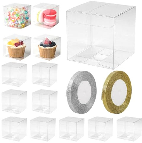 lalago 50Pcs PVC Caja de Regalo Transparente，PVC Caja de Plástico Plegable para Caramelos Galleta Chocolate, Caja Transparente para Embalaje con dos Rollos de Cintas de Oro y Plata(7×7×7cm