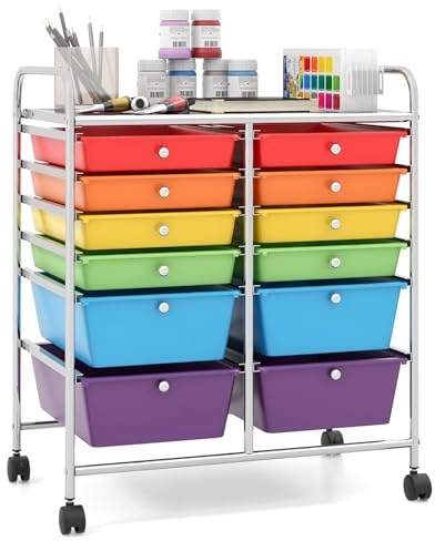 COSTWAY Chariot de Rangement à Roulette 12 Tiroirs en PP, Tour de Rangement avec Tablette, Cadre en Métal, Desserte Meuble Tiroir pour Cuisine, Salle de Bain, École, 64x38x75cm