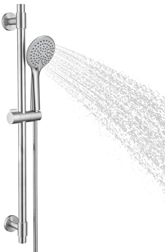 YSNOL Adjustable Shower Slide Bar with 5-Function Handheld Shower Head, Stainless Steel Grab Slide Bar Combo with Extra Hose (Brushed Nickel)