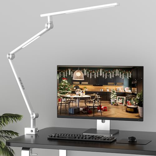 VERSKI Schreibtischlampe LED, Dimmbar 18W Doppelte Lichtquelle Schreibtischlampe für Homeoffice, Klemmbar Augenschutz Tageslichtlampe, 5 Farbtemperaturen und Helligkeit Einstellbare Büro Tischlampe