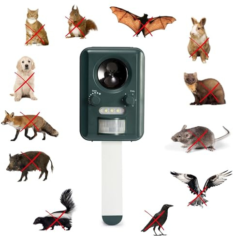 Perel Repellente ultrasuoni solare per esterno, dispositivo anti animali ricaricabile usb, copertura 65 m2, angolo 120°, contro topi gatti martore e uccelli