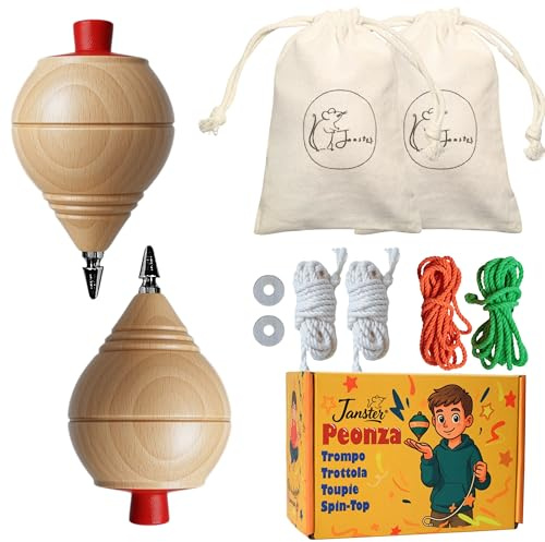 Peonzas Niños Janster – Trompos para Niños de Madera con Cuerda – Juguetes Madera Educativos y Tradicionales – Spinny Peonza– Regalo Original Niño 5, 6, 7, 8, 9 y 10 Años Cumpleaños y Navidad
