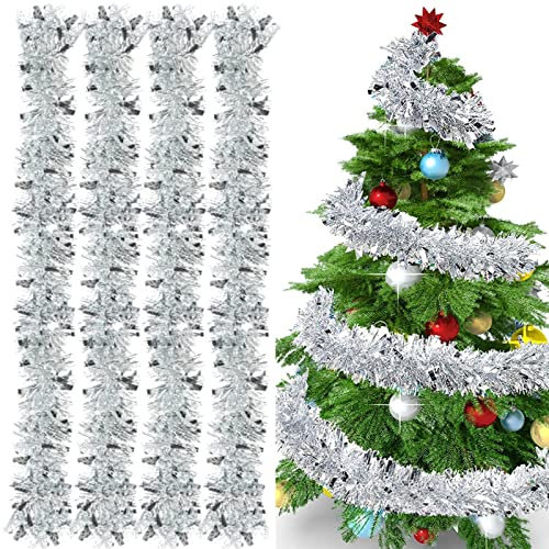 Kalamakala Guirlande de Noel Sapin, 4pcs Guirlandes Tinsel Noël, Guirlande Sapin, Guirlandes Tinsel Métallique Scintillantes pour Sapins de Noël Décoration, Fête Murs Fenêtres Decoration