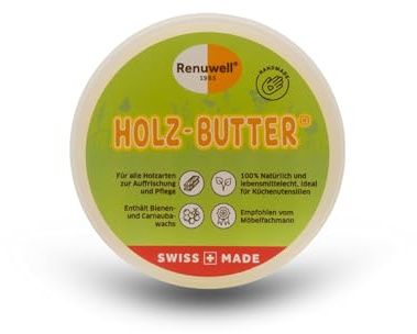 Renuwell Holz Butter, 100 ml – Intensiv-Pflege für alle Holzarten, Möbelpflege 100% natürliche Inhaltsstoffe, Lebensmittelecht, hochwertiger Holzbalsam mit Bienenwachs, Schweizer Qualität
