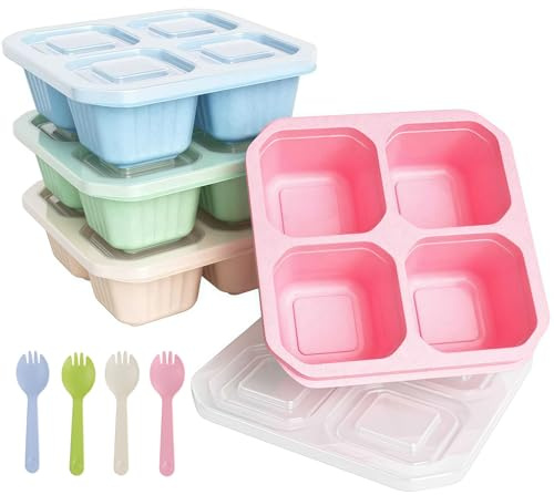 Xinsenke Snackbox mit Fächern, 4 Stück Wiederverwendbare Bento Snack-Behälter, 4 Fächer Lunchbox mit Transparentem Deckel & Fruchtgabel für Schule, Arbeit, Reisen