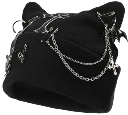 Muorruo Goth Cat Beanie, bonnet Goth accessoire punk avec oreilles de chat pour femmes, bonnets Y2k grunge gothique tricotés streetwear, bonnet femme avec chaîne, pour festivals, streetwear
