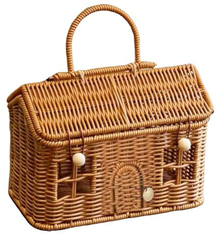 Rattan House Shaped Basket, Handmade Rattan House Shaped Picnic Basket with Lid & Handle, Woven Sundries Baskets for Travel, Picnic, Organizing, Storage