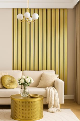 Be-Creative Gold Metallic Acoustic Slat Wall Panels (Set of 4) – 240 × 60 cm Each | Luxury Media Wall Panelling | Sound-Absorbing Wood Panels | Decorative Acoustic Wall Design | Covers 5.76 m²