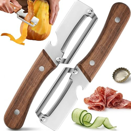 3-in-1 Multifunktionaler Gemüseschäler für die Küche - Zero Snag Holzschäler aus Edelstahl, Sparschäler mit Holzgriff & integriertem Flaschenöffner für Obst, Gemüse & Fleischscheiben (2)