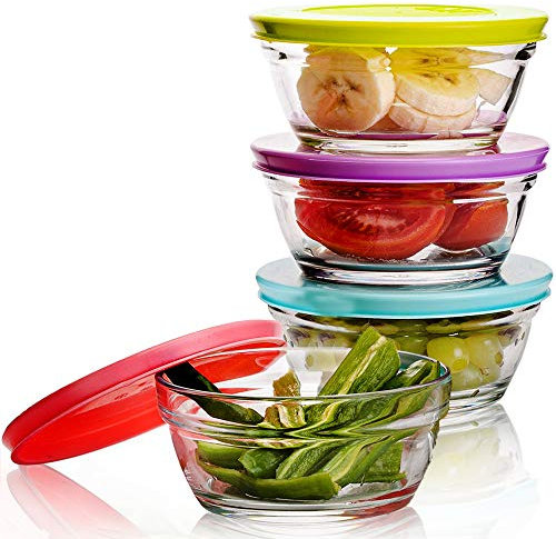 Volarium CRYSTALIA Round Glass Bowls with Lids, Set of 4, 250ml 100% LEAD FREE Dessert and Salad Bowls, Small Serving Bowl, Stackable Glass Food Storage Containers, Meal Prep Containers