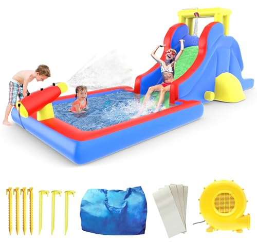 PicassoTiles KC108 Kids Inflatable Slide Park with Pool Splash Zone, Bouncing House, Climbing Wall, Built-in Sprayers, Cannon Mount, and Heavy Duty GFCI ETL Certified 385W Blower Outdoor Summer Fun